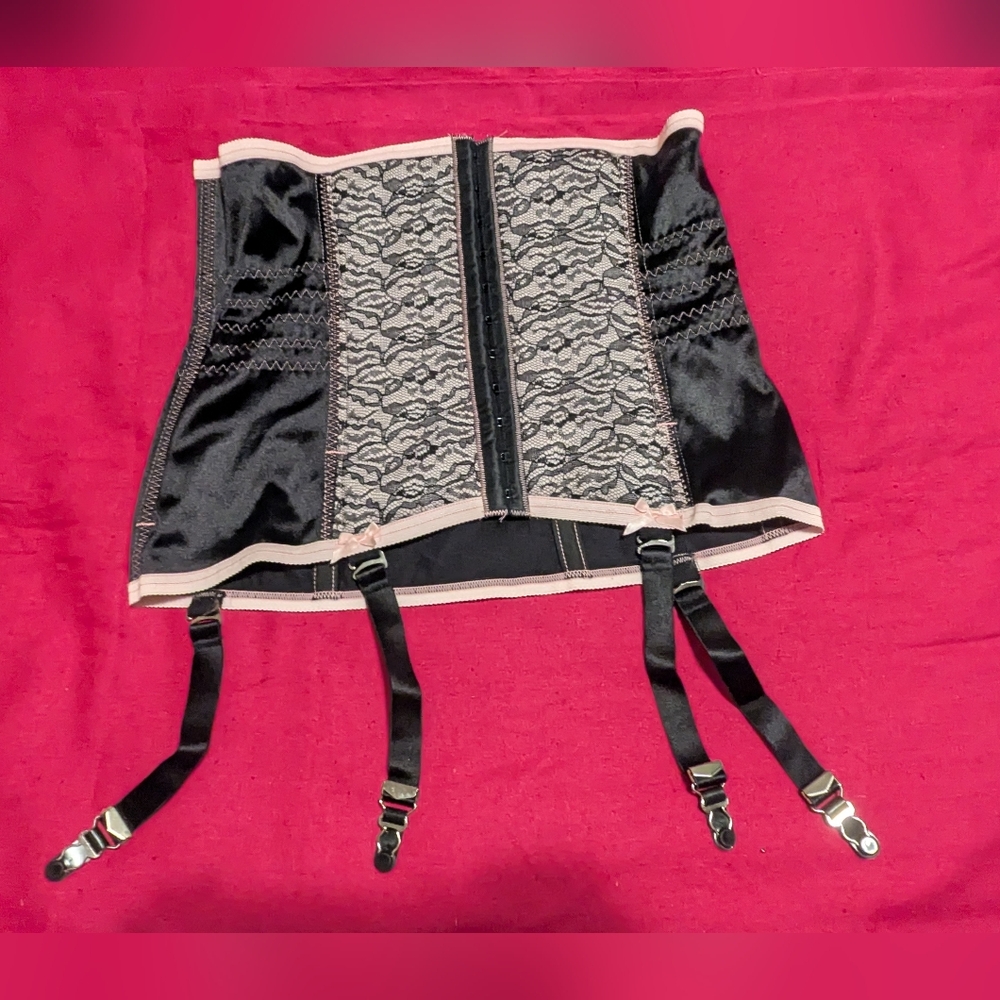 Rago 721 Pink Black Waist Cincher Garter 2X/34 + Ruffle Bloomers Pin Up Set